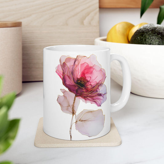 Boho Floral Ceramic Mug, Watercolor Coffee Cup Gift for Her or Him - Unique, Trendy, Artistic, Colorful, Kitchen Decor, Birthday Present.